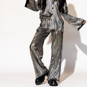 Dressed in lala Metallic plisse gunmetal wide leg pants